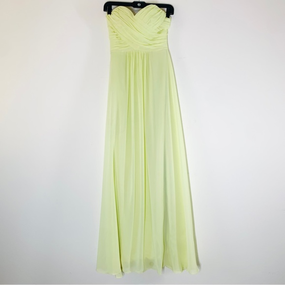 Pastel Lime Green Strapless Flowy Chiffon Maxi Formal Dress
